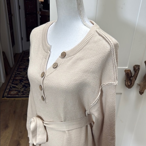 Merokeety Womens Beige Knit Sweater Dress Henley Button Belted Midi Small - Picture 3 of 10